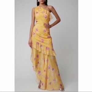 AMUR Vi Gown Silk Chiffon One Shoulder Yellow Floral Asymmetrical Dress